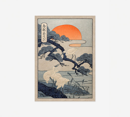 Japanese Cranes at Sunrise – Traditional Woodblock Art Print