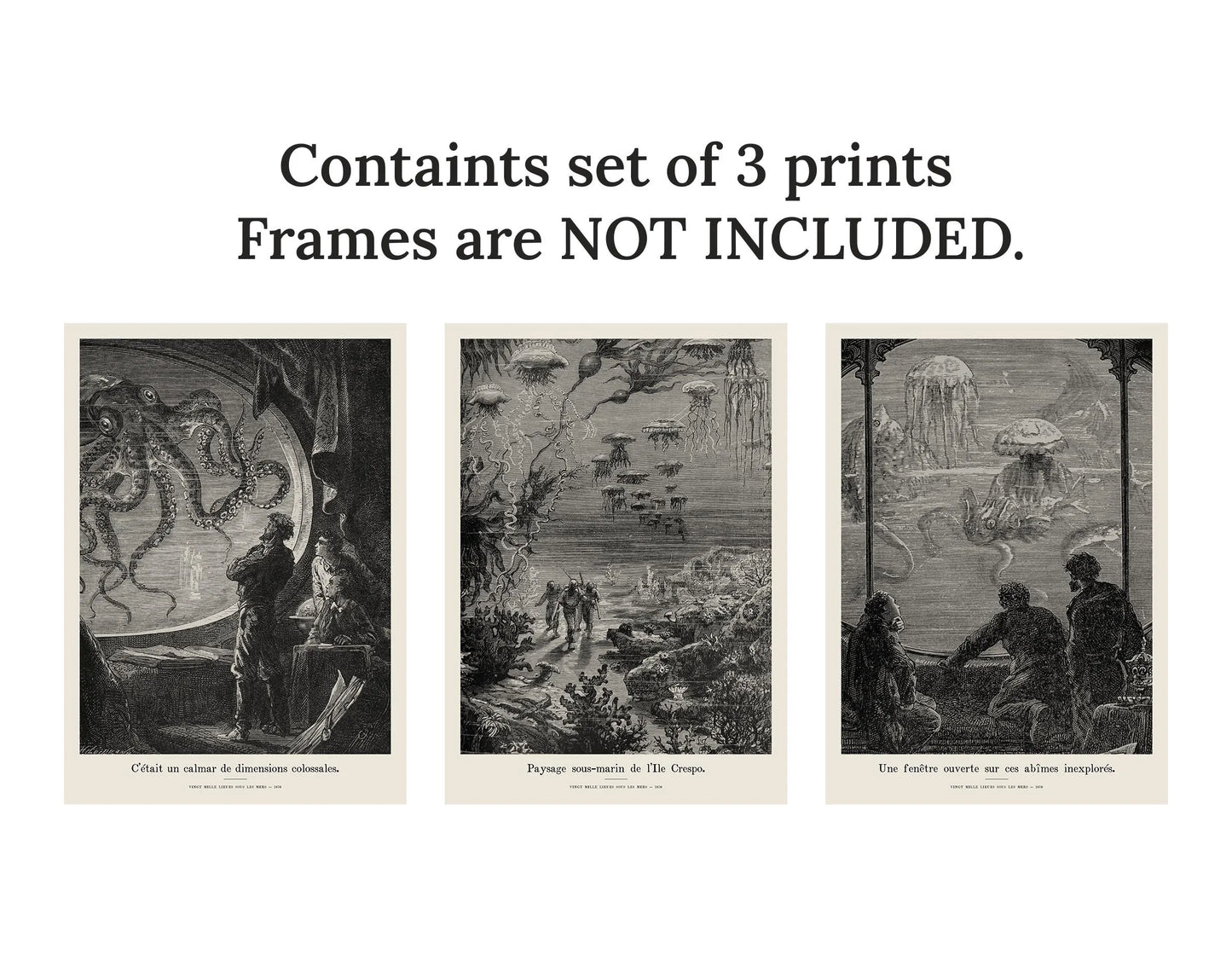 Jules Verne set of 3 prints – 20,000 Leagues Under the Sea posters, bundle of 3, Nautilus wall art, Vingt Mille Lieues sous les mers