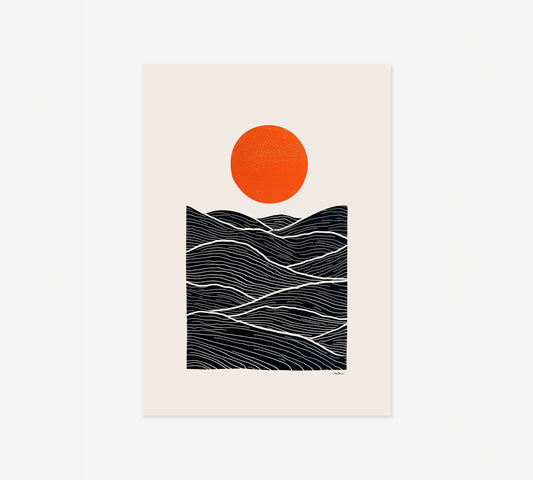 Sun & Waves Poster – Minimal Japanese Abstract Art Print