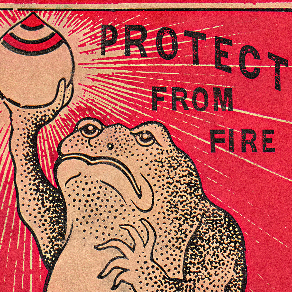 Close-up of Frog Protection from Fire art print featuring a frog and vintage fire-protection graphics.