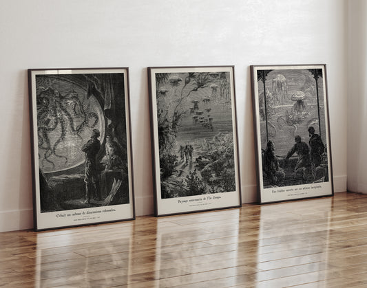Jules Verne set of 3 prints – 20,000 Leagues Under the Sea posters, bundle of 3, Nautilus wall art, Vingt Mille Lieues sous les mers