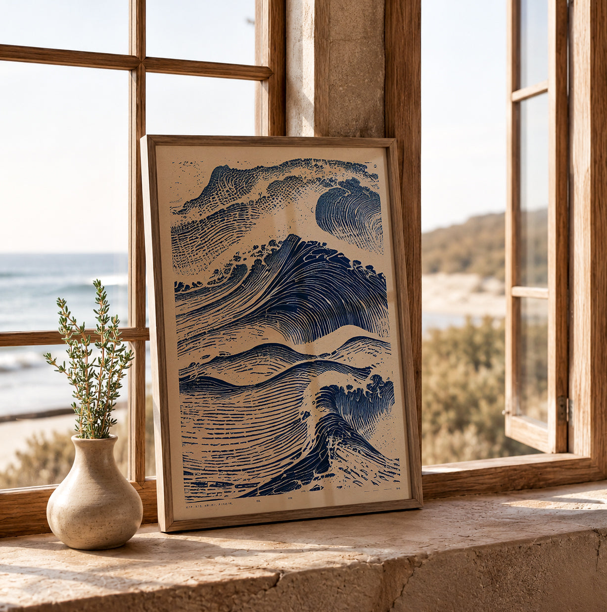 A framed art print featuring a blue and beige wave illustration, leaning against a wooden window on a stone windowsill with a ocean and sea in the background.