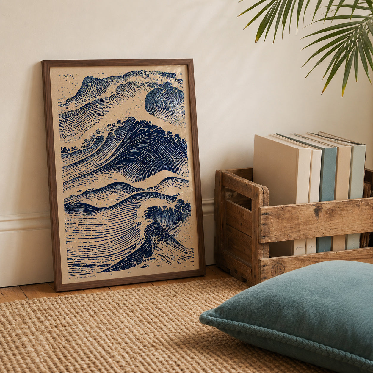 A framed art print featuring a blue and beige wave illustration, leaning against a cream wall in a styled room setting with a wooden crate, books, and a teal cushion.