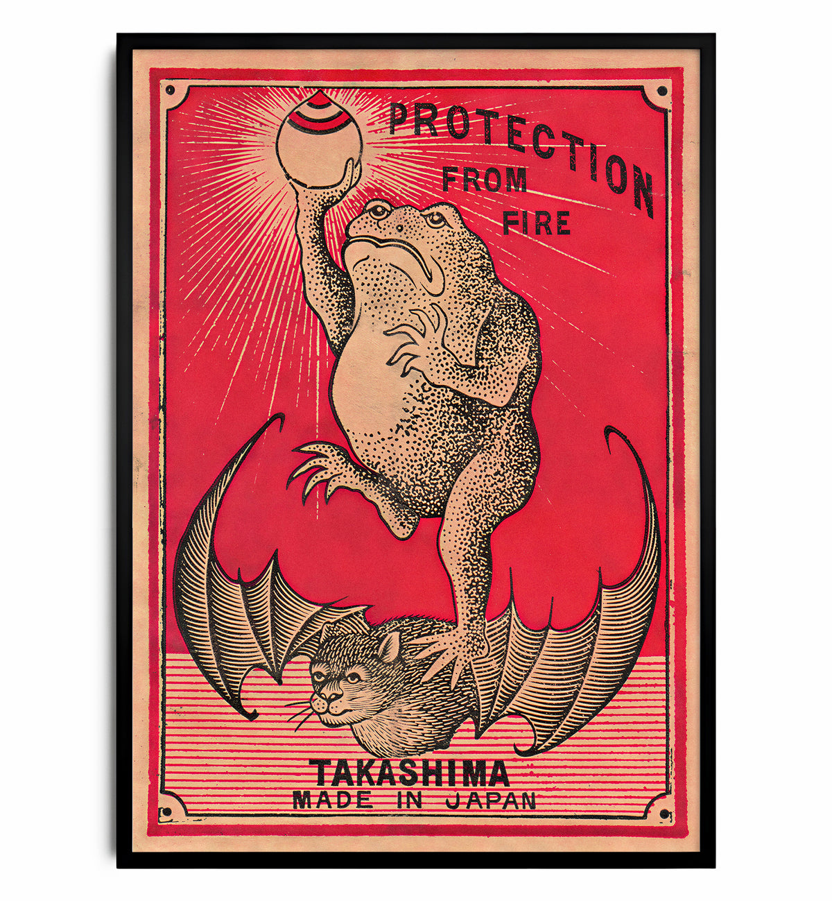 Frog Protection from Fire art print featuring a frog and vintage fire-protection graphics.