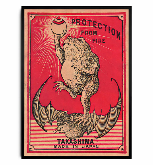 Frog Protection from Fire art print featuring a frog and vintage fire-protection graphics.